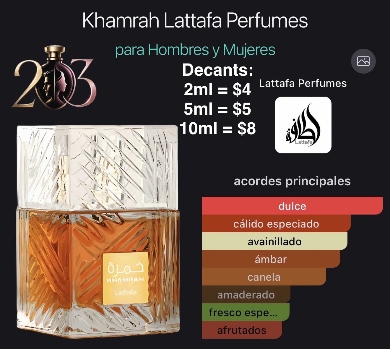 Lattafa Khamrah Eau de Parfum | 100 ML | Decants en 2, 5 y 10 ML