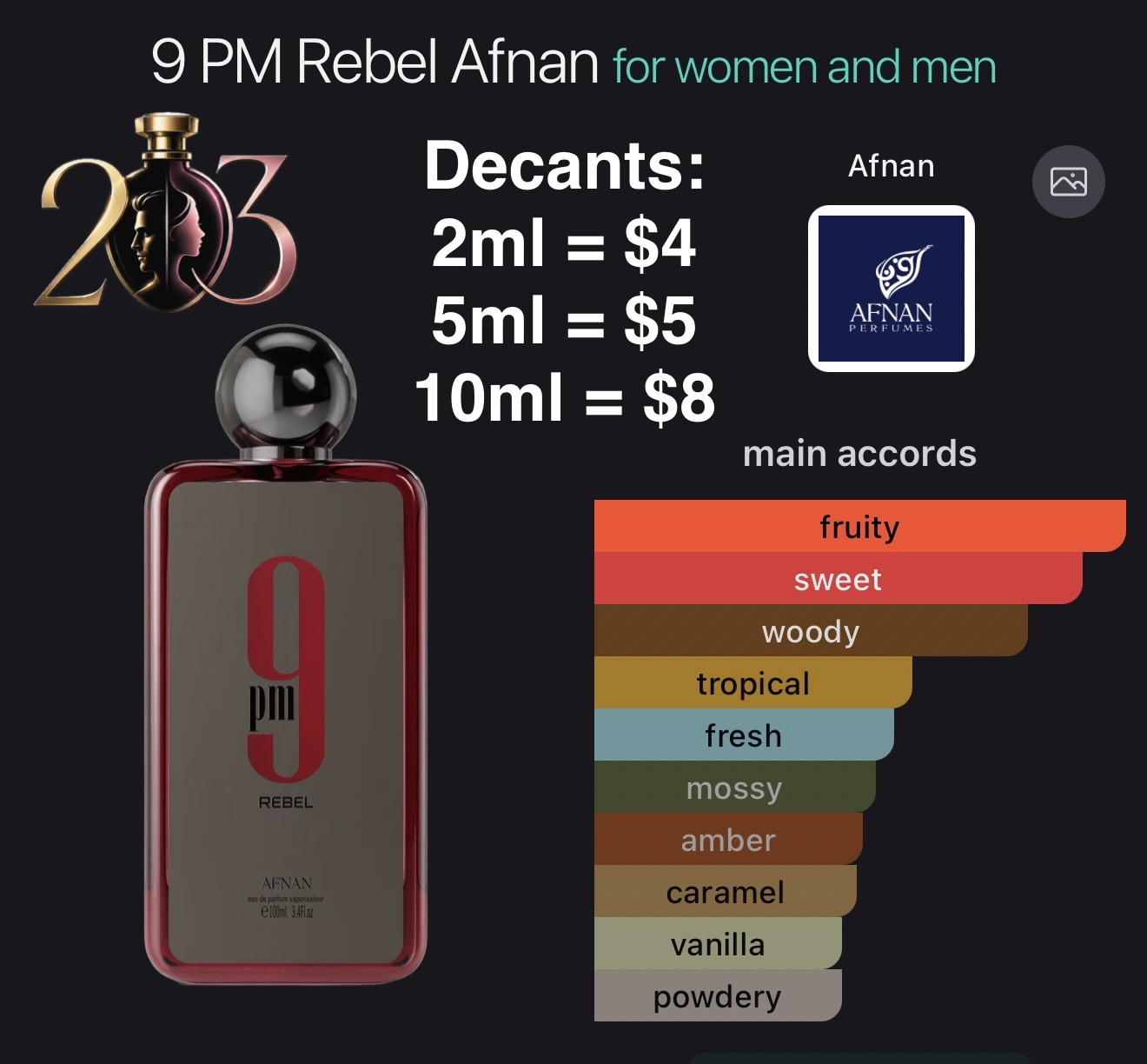 9 PM Rebel Afnan Eau de Parfum | 100ML | Decants en 2, 5 y 10 ML