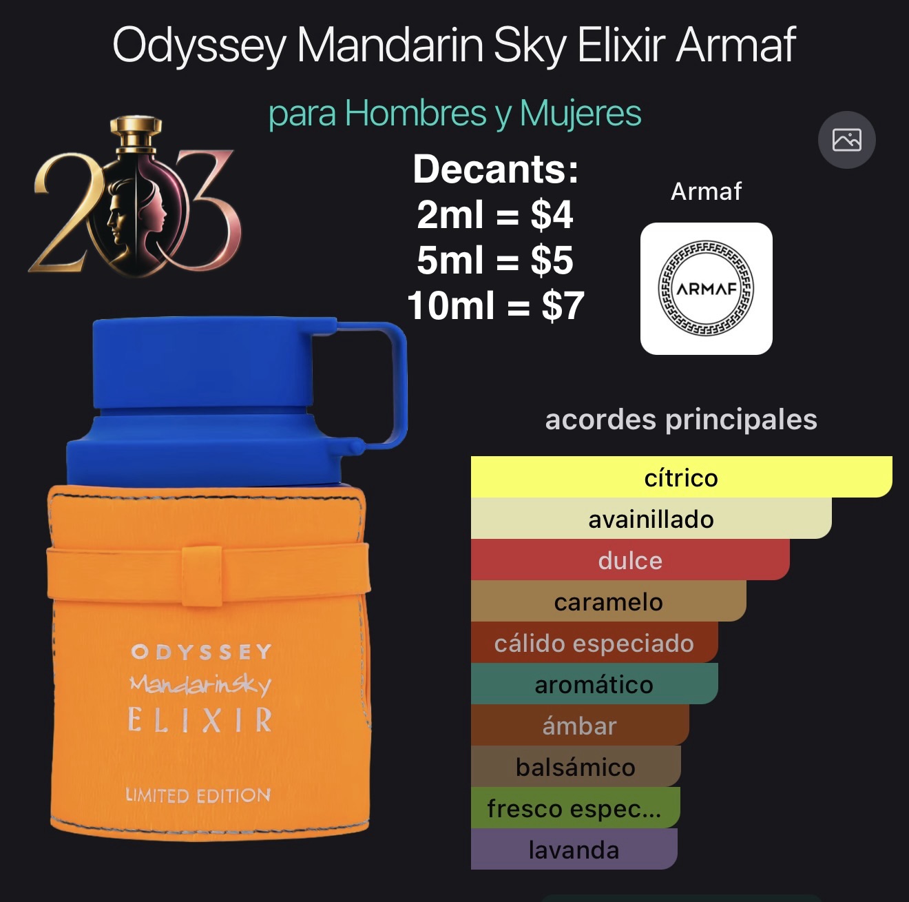 Odyssey Mandarin Sky Elixir Eau de Parfum Armaf | 100 ML | Decants 2, 5 y 10 ML